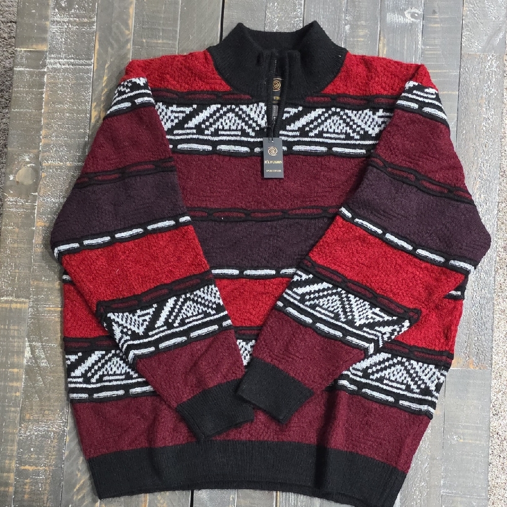 Men's Burgundy and Black Zip-Up Sweater